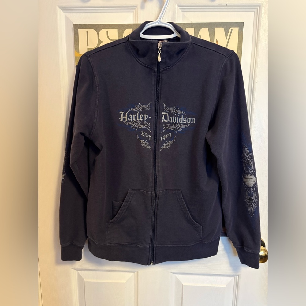 vintage harley-davidson navy zip-up sweater
